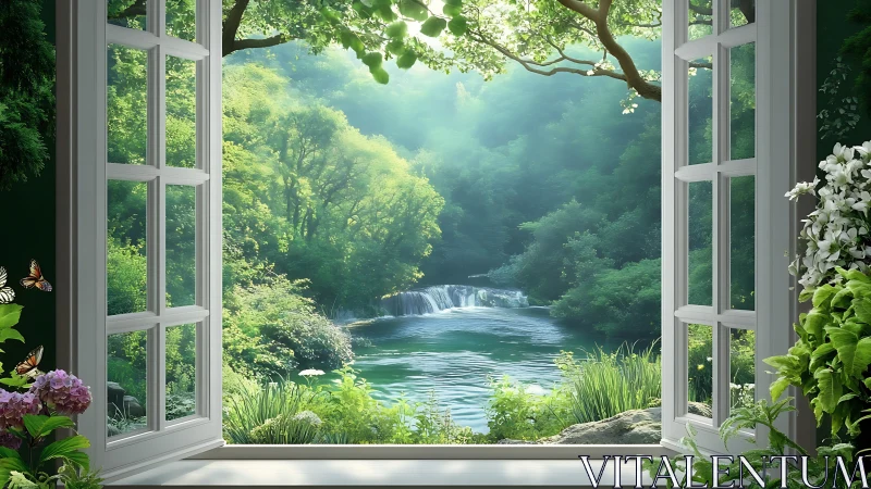 Open casement window framing luminous forest waterfall vista.