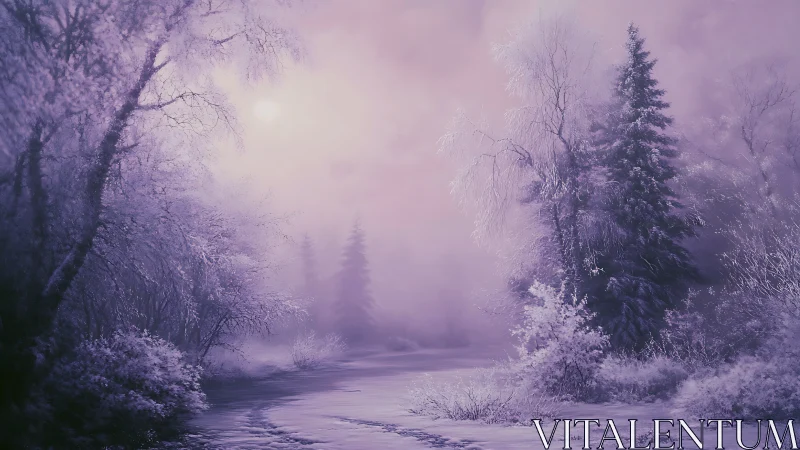 Lavender winter forest under misty dawn light.