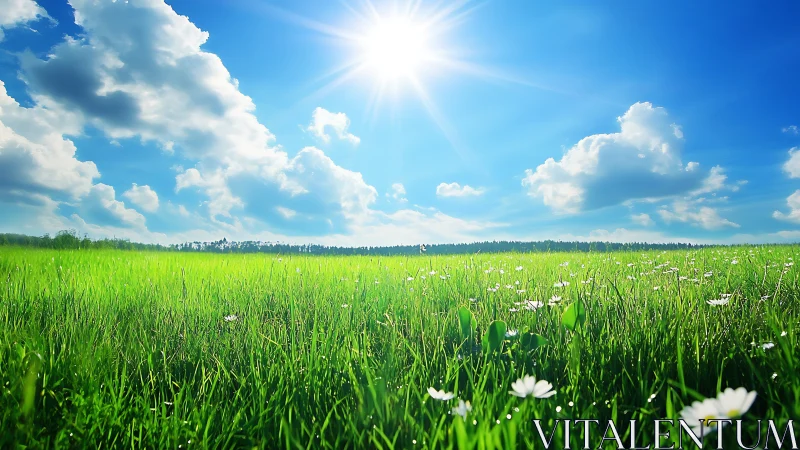 Sunlit meadow daydream under a bold, cloud-drifted sky.
