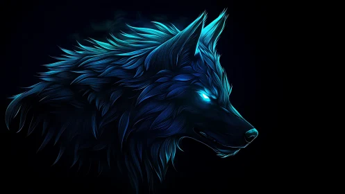Luminous neon wolf profile glows against deep black void