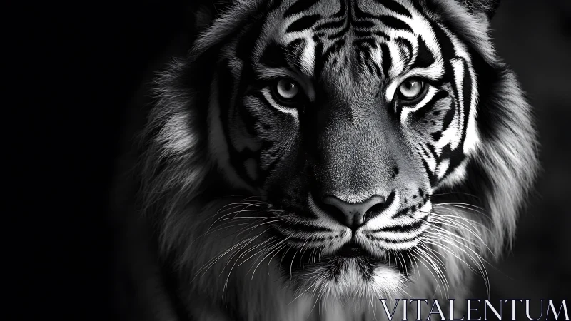 Monochrome tiger portrait in high-contrast photorealistic study.