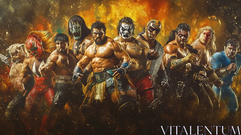 High-contrast lineup of masked wrestlers in dynamic fiery composite
