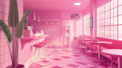 Monochrome pink retro diner interior with tiled counter and booths