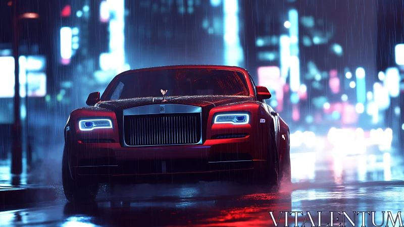 Red luxury sedan cuts through neon rain soaked city night