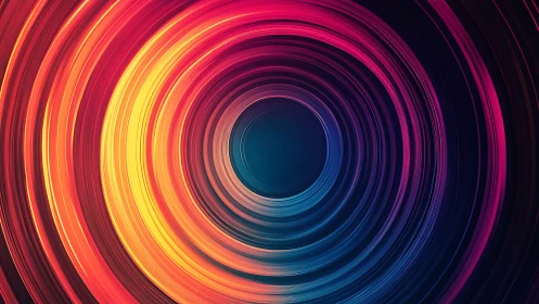 Concentric neon light rings form radial abstract tunnel image