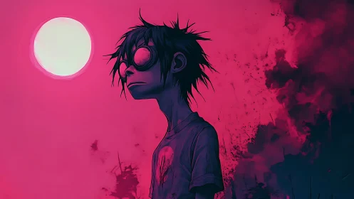 Moody pink twilight with a lone daydreaming cartoon kid.