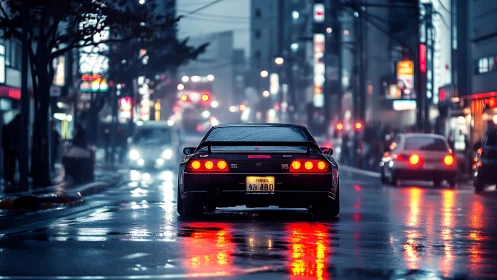 Neon-lit sports car idling on wet urban street at dusk.