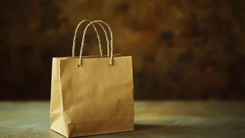 Minimal kraft paper shopping bag on rustic surface.