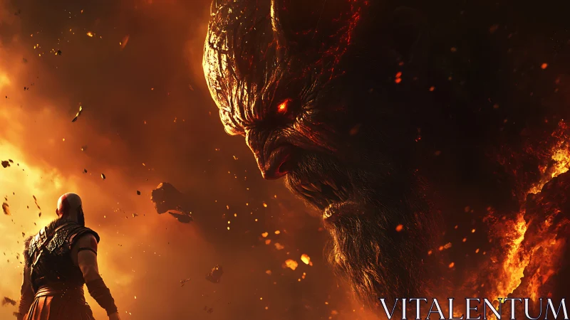 Fiery warrior confronts colossal molten demon in blazing sky