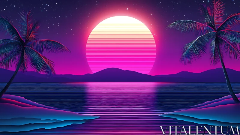 Neon gradient sunset over stylized tropical bay with symmetric palms