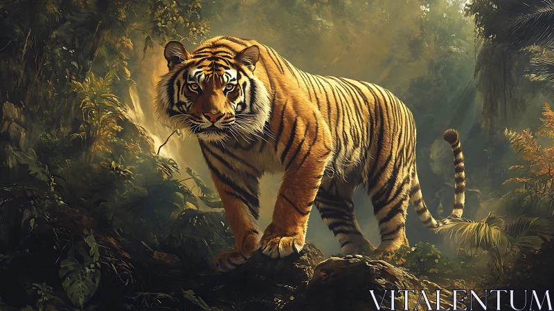 Digital painting of a Bengal tiger in luminous jungle light.