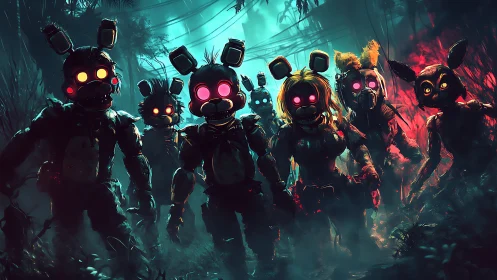 Hostile animatronic squad advances through neon swamp