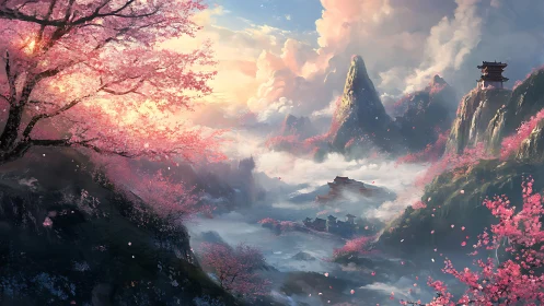 Sunlit sakura valley surrounds misty mountains and temples