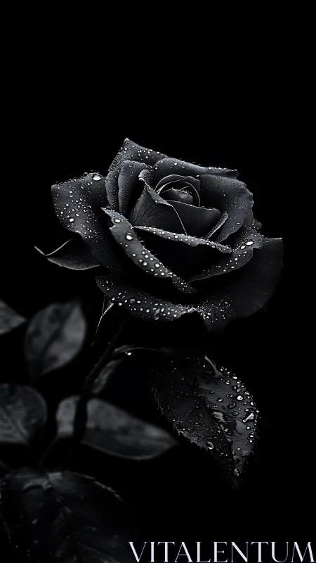 Black Rose with Dew Drops Against Dark Background