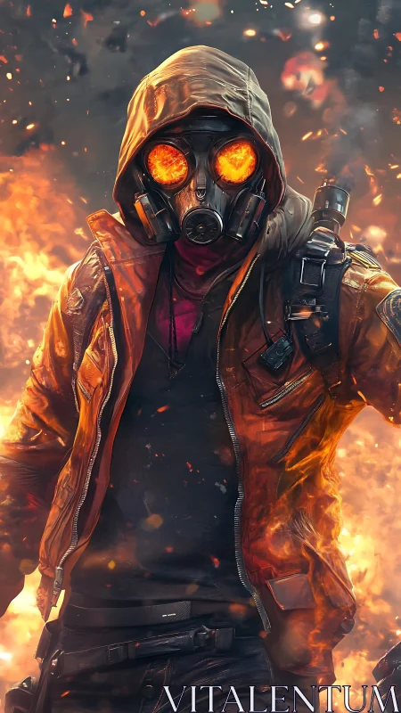 Hooded firewalker strides through swirling urban inferno.