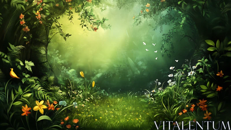 Enchanted Forest Clearing: Luminous Digital Botanical Fantasy.