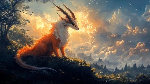 Sunlit Guardian Fox Resting Above a Dreamy Cloud Valley.