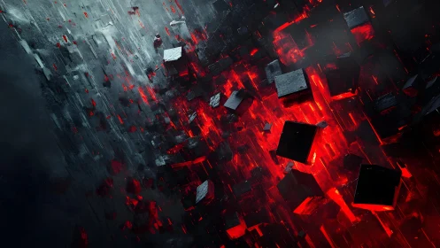 Abstract black cubes floating over glowing red digital chasm.