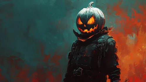 Flameborn pumpkin warrior stalks through molten twilight.