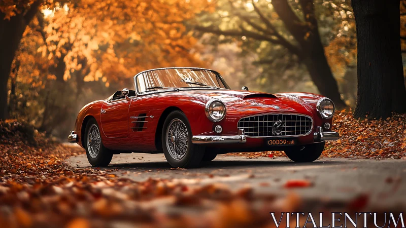 Crimson roadster lounges beneath a tunnel of autumn firelight
