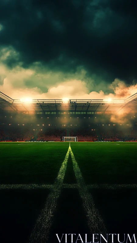Floodlit football stadium field glows under storm clouds