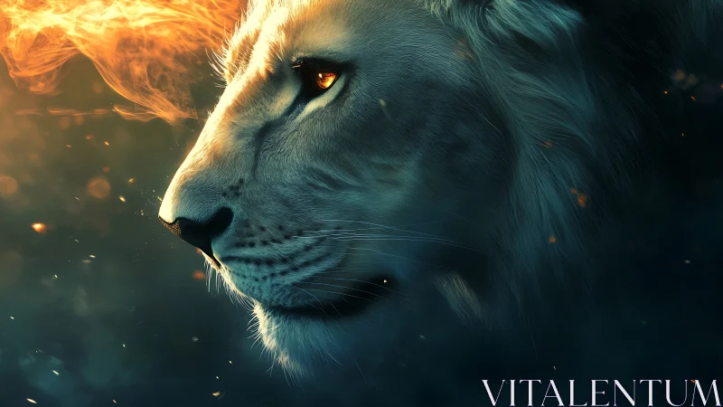 Fierce lion gaze glows warmly amid soft embers and flame