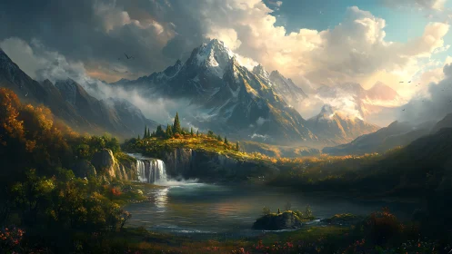 Mountain lake landscape shows waterfall, forest, and cloud cover