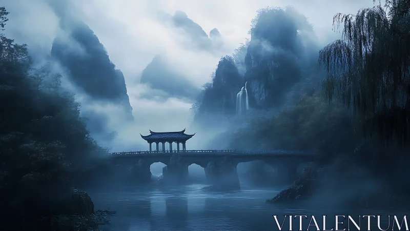 Misty river bridge under sheer mountains and falling water.