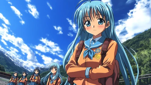 Anime schoolgirl panorama under expansive alpine sky.