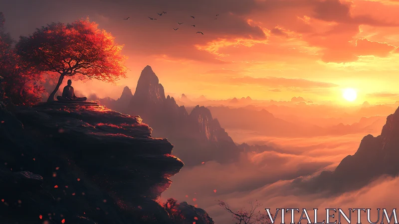 Sunset meditation above cloud sea in fiery mountainscape.