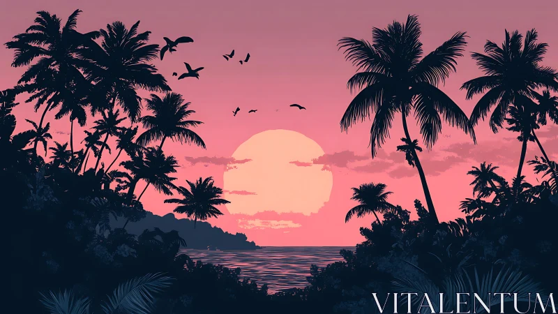 Tropical palm silhouettes framing pink coastal sunset.
