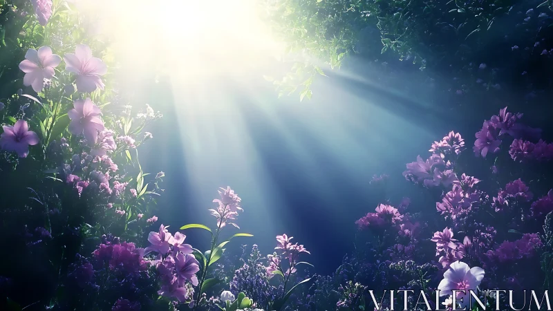 Luminous floral canopy with ethereal sunbeams in misted glade.