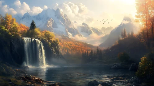 Autumn waterfall valley under snowy mountain sunrise.