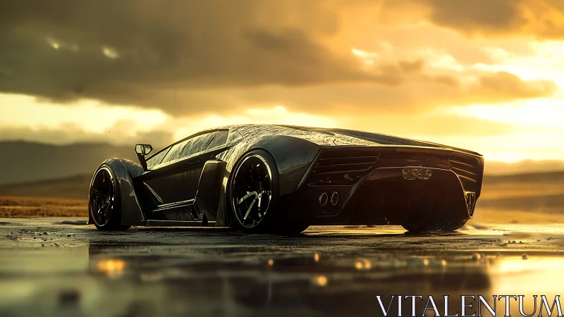 Low-slung futuristic sports car on wet road at sunset.