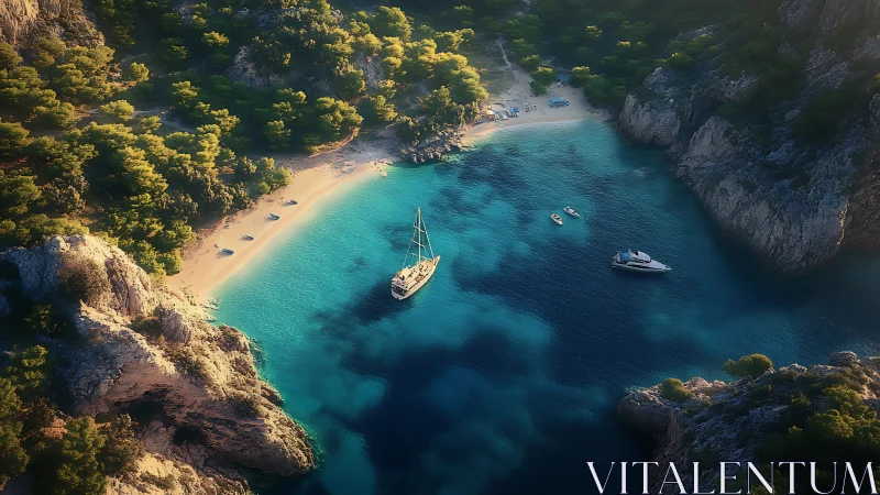 Sunlit turquoise cove with moored sailboat and secluded beach