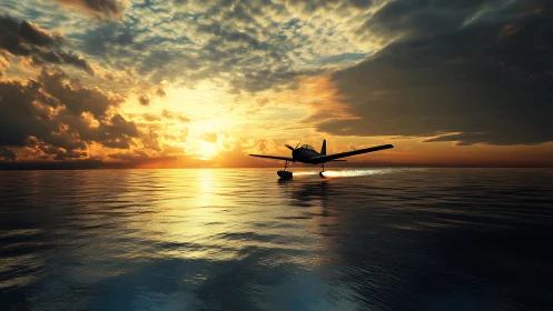 Floatplane skims reflective ocean beneath high-contrast sunset