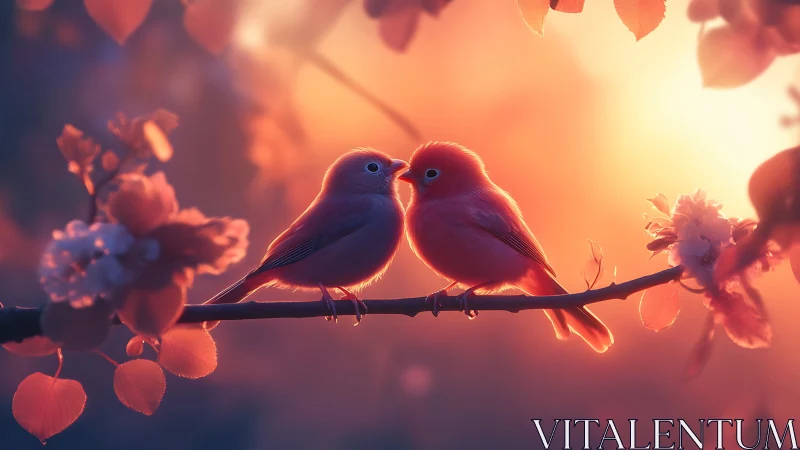 Two Birds Perched on Branch in Golden Sunset Light.