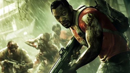 Armed survivor fighting zombies in heavy green-tinted rain.