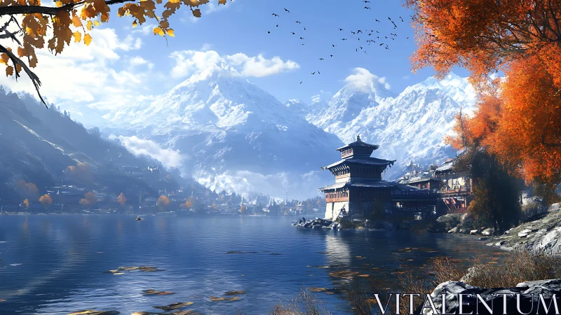 Lake temple cradled by snow giants and ember-bright trees.