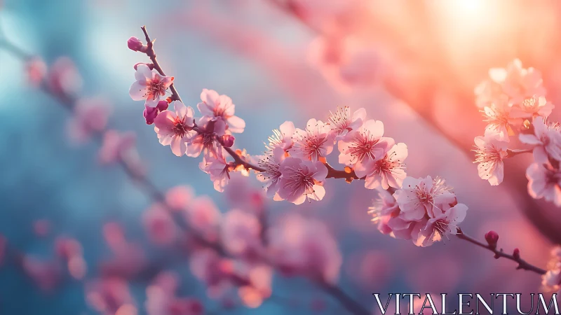 Pink Blossom Branches Against Soft Gradient Sky.