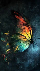 Chromatic butterfly wing under luminous textural decay.