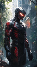 Armored cybernetic sentinel patrols overgrown urban ruins