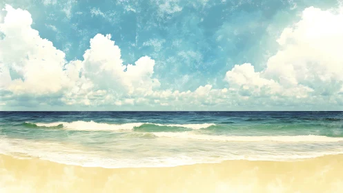 Digital seascape presents shoreline, waves, and clouded sky