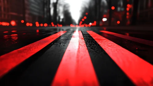 Red reflective crosswalk lines on wet city street at dusk.