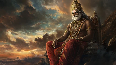 Regal sage deity sits on ornate throne above stormy clouds.