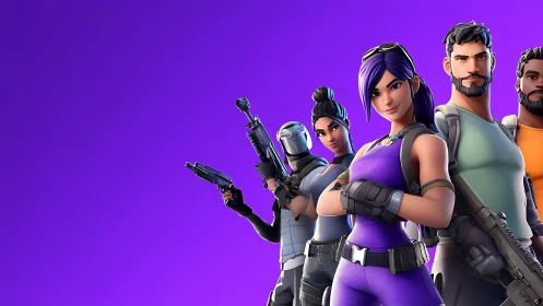 Squad of stylized heroes stand ready against purple void.