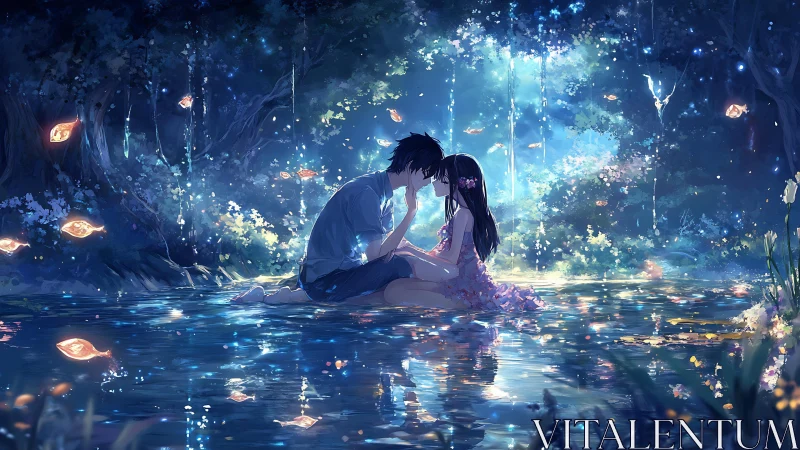 Young couple share a luminous kiss in a magical forest pool