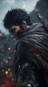 Battle-worn warrior turns, bloodied face and dark armor look