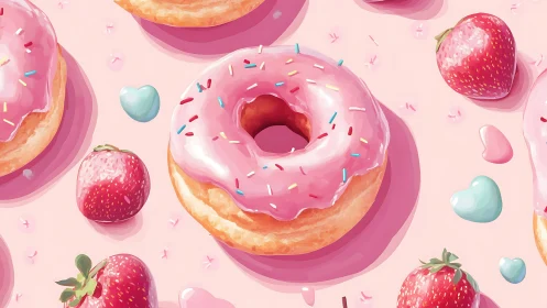 Strawberry-glazed donut array with pastel candy scatterfield.