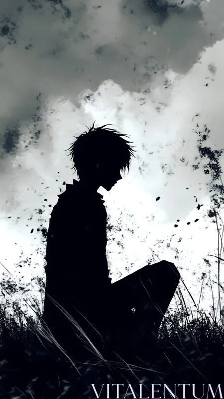 Silhouette of seated figure in grassy field under cloudy sky.